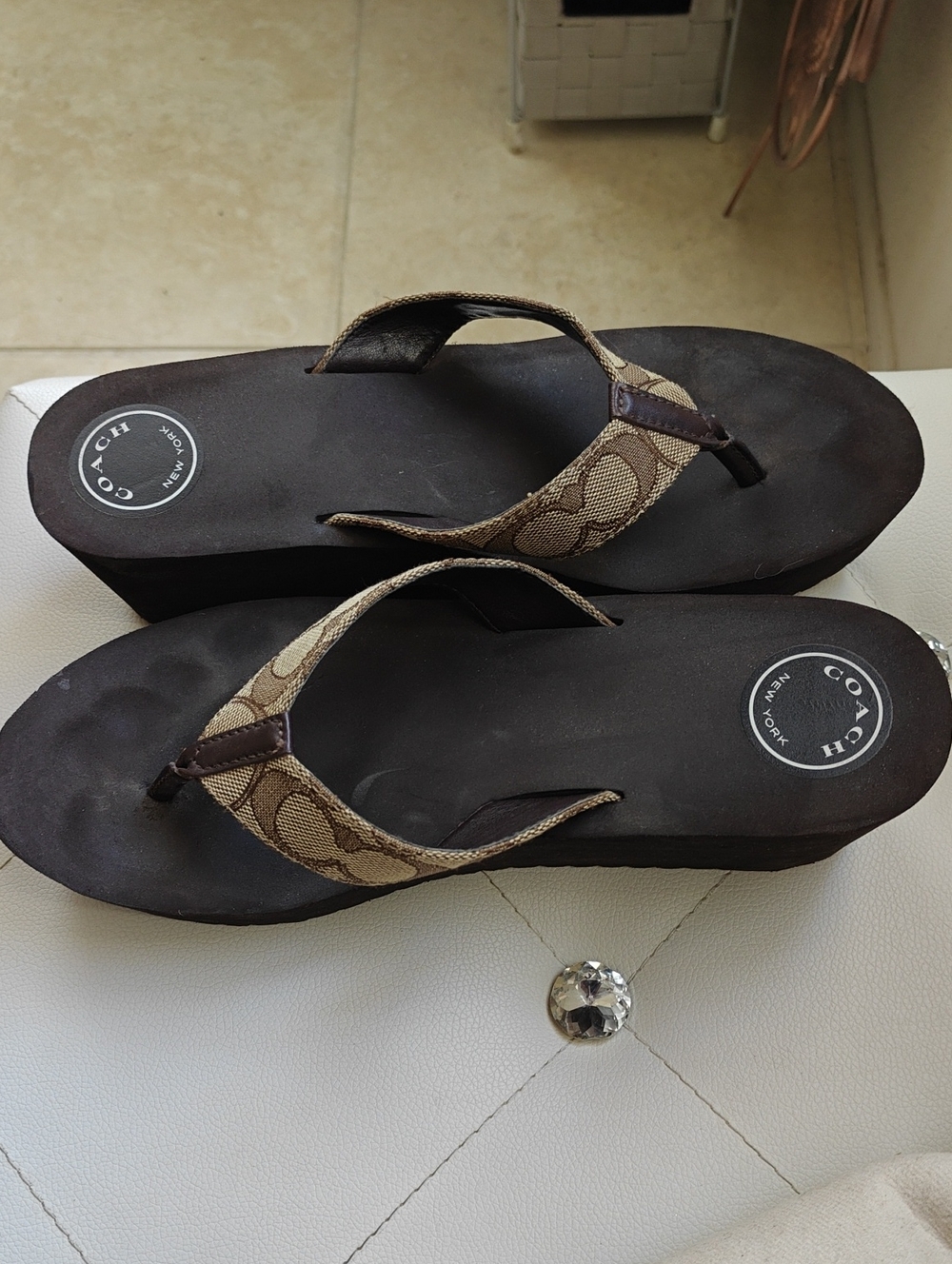 Coach Brown Signature Canvas Wedge Flip Flops